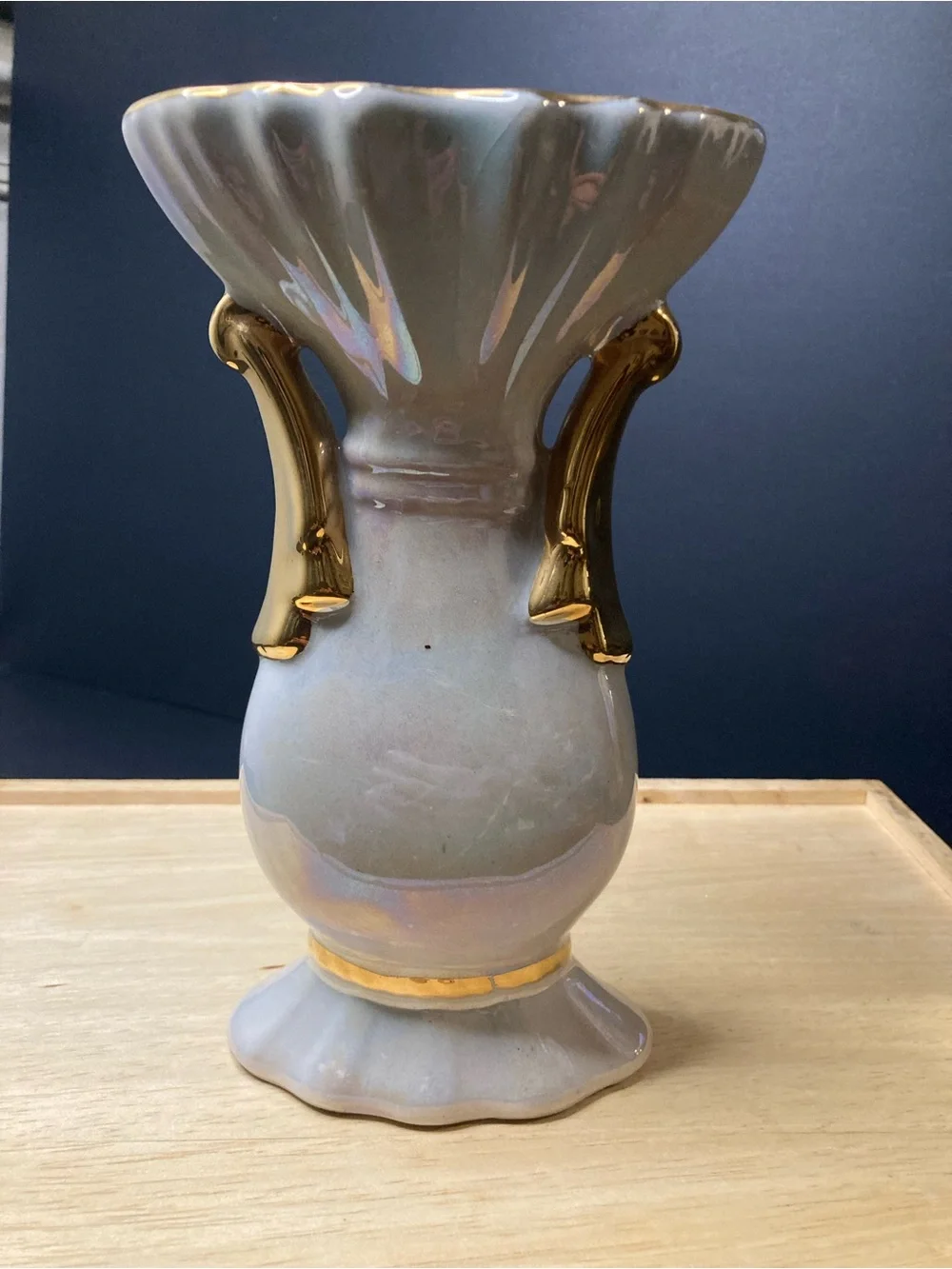 Iridescent Light Blue Ceramic Vase with Gold Accents